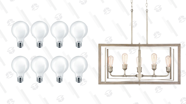 Home Depot Light Bulb and Fixture Sale | Home Depot | Discount Applied in CheckoutPhilips 60-Watt Frosted Globe LED Bulbs | $37 | Home DepotHome Decorators Collection Antique Nickel Chandelier | $196 | Home Depot